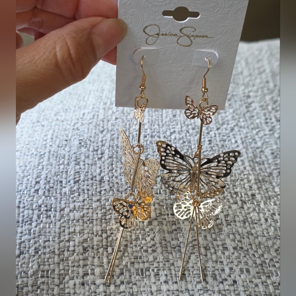Jessica Simpson Elegant Gold Tone Butterfly Dangle Earrings - Picture 6 of 13